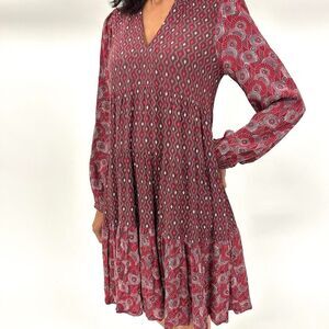 Maeve By Anthropologie Amber Tiered Tunic Dress X-Small Burgundy Pink V-neck Mid